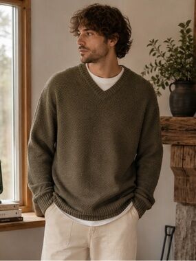 Vintage Woolrich Dark Moss V-Neck Ramie Cotton Sweater XL Cabinecore Coastal